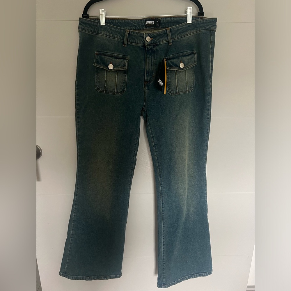 Minga London Jade Overdye Front Pocket Flare Jeans (NWT)